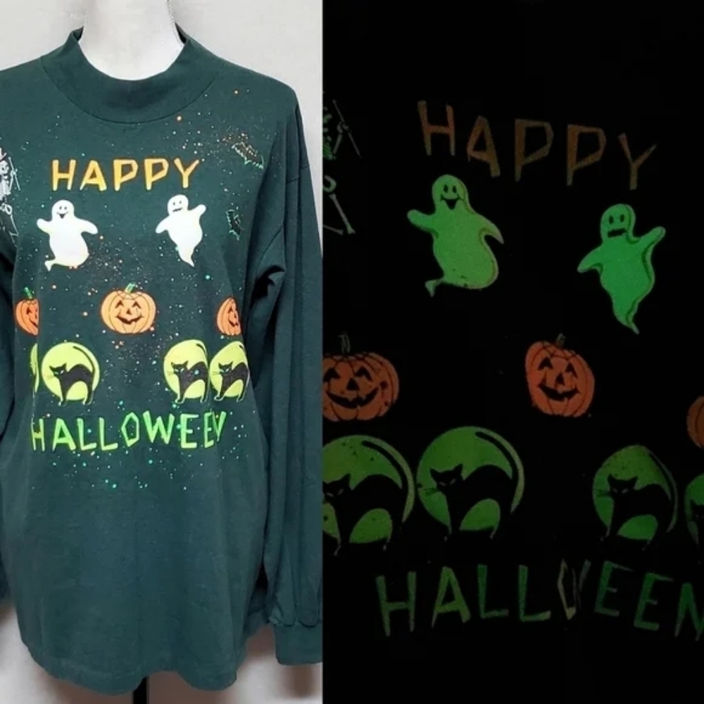 Vintage Harley Davidson Handmade Glow-in-the-Dark Happy Halloween Mock Neck Tee